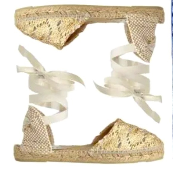 Manebi Valenciana Espadrilles Gold Cotton Crochet Ankle Wrap Flat Sandals - Picture 1 of 13